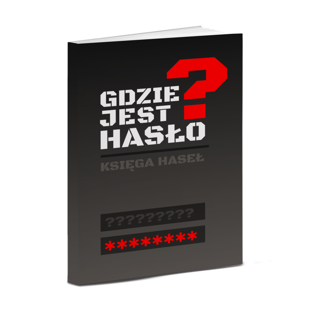 Okładka książki Gdzie Jest Hasło – Księga Haseł, edycja 3D, czarna z czerwonym znakiem zapytania