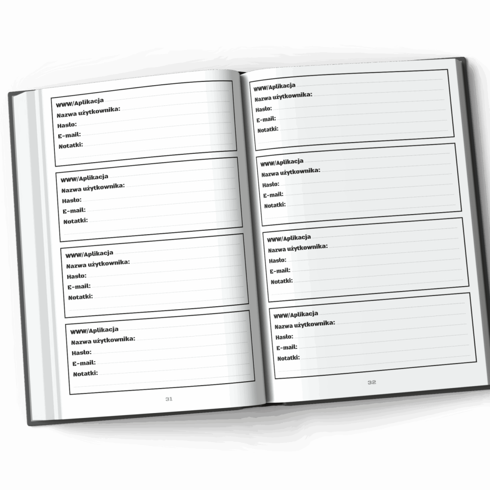 Wnętrze książki Gdzie Jest Hasło – układ stron do zapisywania haseł, loginów i kontaktów